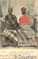 Accra – man and woman in traditional clothing, Gold Coast (now Ghana), West Africa 