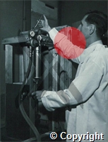 A delicate apparatus is used for testing insecticides. It is known as the Potter Tower and takes in compressed air, which is used to produce a find spray of the insecticies or poison being tested for lethal effect (Professor Busvine)
